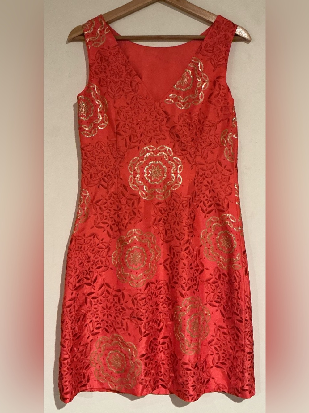 Monsoon Mango Coral Floral Cutwork & Gold Sequin Dress | Size M